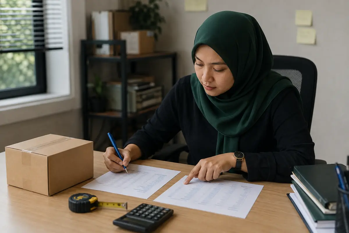 Penyelaras pejabat membandingkan nota ukuran bungkusan